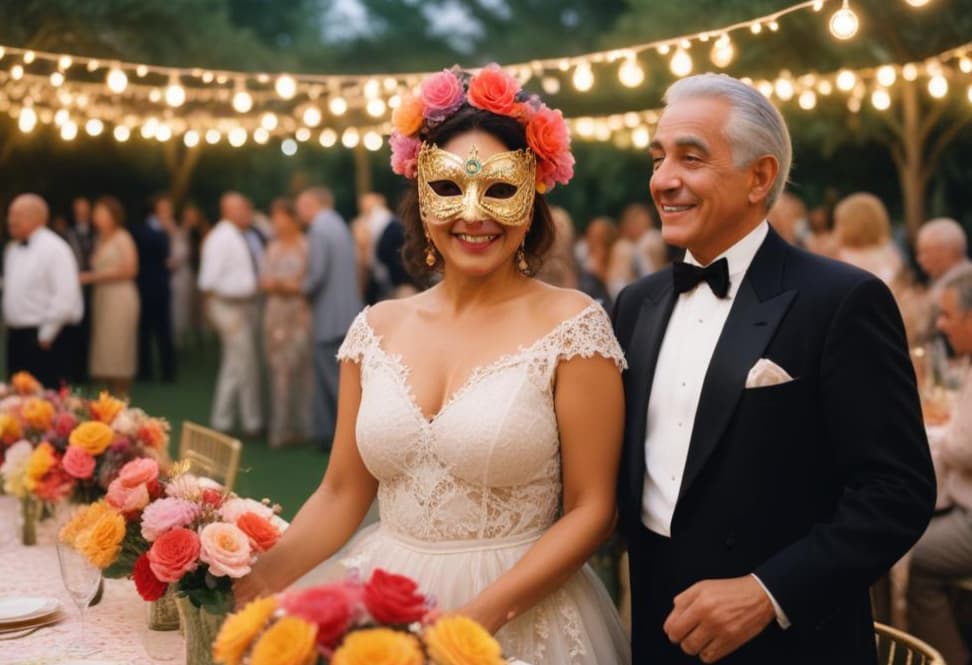 A woman wearing a mask at a masquerade party with a man admiring her.