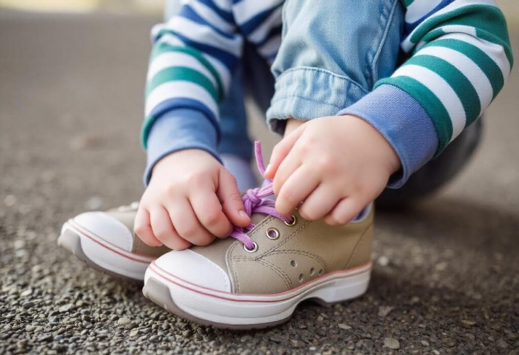 A little boy tying his shoe but missing one eyelet