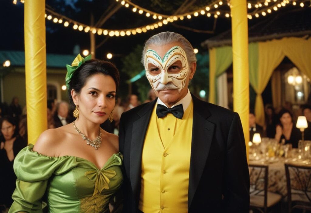 a man wearing a mask at a masquerade party with an unmasked woman